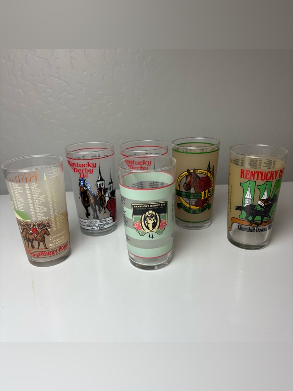 Kentucky Derby set of 6 vintage glass tumblers from 1980s and one from 2004
